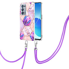 Funda Silicona Gel Goma Patron de Moda Carcasa con Acollador Cordon Lanyard Y01B para Oppo Reno6 Pro+ Plus 5G Purpura Claro