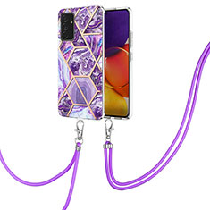 Funda Silicona Gel Goma Patron de Moda Carcasa con Acollador Cordon Lanyard Y01B para Samsung Galaxy A05s Morado