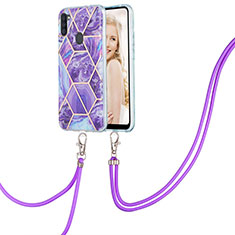 Funda Silicona Gel Goma Patron de Moda Carcasa con Acollador Cordon Lanyard Y01B para Samsung Galaxy A11 Morado