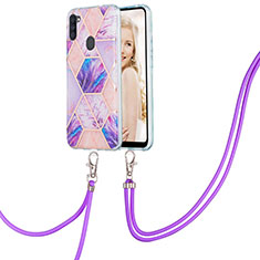 Funda Silicona Gel Goma Patron de Moda Carcasa con Acollador Cordon Lanyard Y01B para Samsung Galaxy A11 Purpura Claro