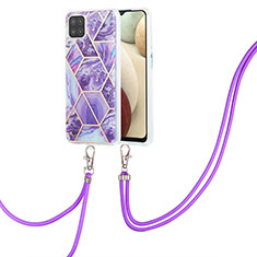 Funda Silicona Gel Goma Patron de Moda Carcasa con Acollador Cordon Lanyard Y01B para Samsung Galaxy A12 5G Morado