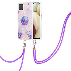 Funda Silicona Gel Goma Patron de Moda Carcasa con Acollador Cordon Lanyard Y01B para Samsung Galaxy A12 Purpura Claro