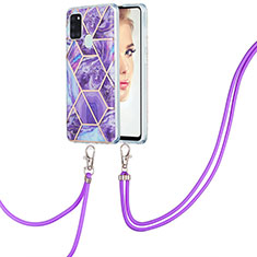 Funda Silicona Gel Goma Patron de Moda Carcasa con Acollador Cordon Lanyard Y01B para Samsung Galaxy A21s Morado