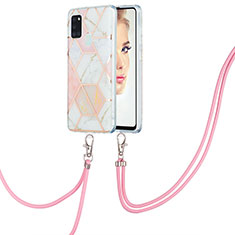 Funda Silicona Gel Goma Patron de Moda Carcasa con Acollador Cordon Lanyard Y01B para Samsung Galaxy A21s Rosa