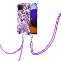 Funda Silicona Gel Goma Patron de Moda Carcasa con Acollador Cordon Lanyard Y01B para Samsung Galaxy A22 4G Morado