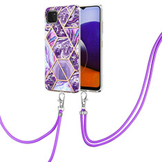 Funda Silicona Gel Goma Patron de Moda Carcasa con Acollador Cordon Lanyard Y01B para Samsung Galaxy A22 5G Morado