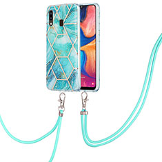 Funda Silicona Gel Goma Patron de Moda Carcasa con Acollador Cordon Lanyard Y01B para Samsung Galaxy A30 Menta Verde