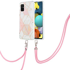 Funda Silicona Gel Goma Patron de Moda Carcasa con Acollador Cordon Lanyard Y01B para Samsung Galaxy A51 4G Rosa