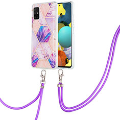 Funda Silicona Gel Goma Patron de Moda Carcasa con Acollador Cordon Lanyard Y01B para Samsung Galaxy A51 5G Purpura Claro