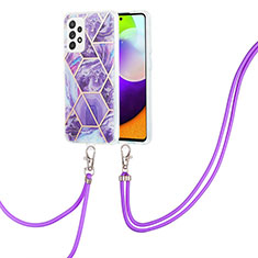 Funda Silicona Gel Goma Patron de Moda Carcasa con Acollador Cordon Lanyard Y01B para Samsung Galaxy A52 5G Morado