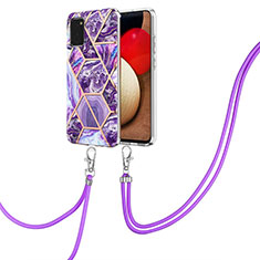 Funda Silicona Gel Goma Patron de Moda Carcasa con Acollador Cordon Lanyard Y01B para Samsung Galaxy F02S SM-E025F Morado