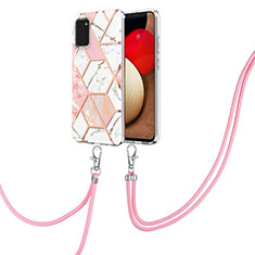 Funda Silicona Gel Goma Patron de Moda Carcasa con Acollador Cordon Lanyard Y01B para Samsung Galaxy F02S SM-E025F Rosa