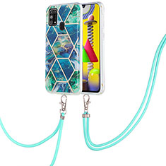 Funda Silicona Gel Goma Patron de Moda Carcasa con Acollador Cordon Lanyard Y01B para Samsung Galaxy M21s Verde Noche