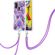 Funda Silicona Gel Goma Patron de Moda Carcasa con Acollador Cordon Lanyard Y01B para Samsung Galaxy M31 Morado