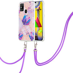 Funda Silicona Gel Goma Patron de Moda Carcasa con Acollador Cordon Lanyard Y01B para Samsung Galaxy M31 Prime Edition Purpura Claro