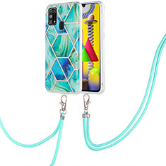 Funda Silicona Gel Goma Patron de Moda Carcasa con Acollador Cordon Lanyard Y01B para Samsung Galaxy M31 Verde