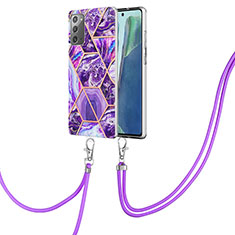 Funda Silicona Gel Goma Patron de Moda Carcasa con Acollador Cordon Lanyard Y01B para Samsung Galaxy Note 20 5G Morado