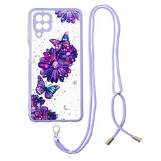 Funda Silicona Gel Goma Patron de Moda Carcasa con Acollador Cordon Lanyard Y01X para Samsung Galaxy A12 5G Morado