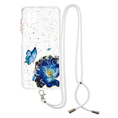 Funda Silicona Gel Goma Patron de Moda Carcasa con Acollador Cordon Lanyard Y01X para Samsung Galaxy A12 Azul