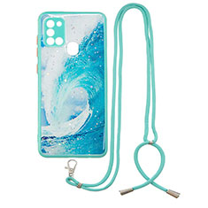 Funda Silicona Gel Goma Patron de Moda Carcasa con Acollador Cordon Lanyard Y01X para Samsung Galaxy A21s Verde