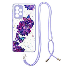 Funda Silicona Gel Goma Patron de Moda Carcasa con Acollador Cordon Lanyard Y01X para Samsung Galaxy A52 4G Morado