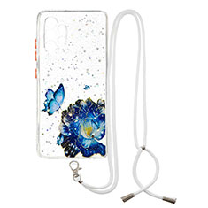 Funda Silicona Gel Goma Patron de Moda Carcasa con Acollador Cordon Lanyard Y01X para Samsung Galaxy M32 5G Azul