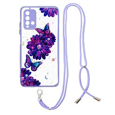 Funda Silicona Gel Goma Patron de Moda Carcasa con Acollador Cordon Lanyard Y01X para Xiaomi Redmi 9 Power Morado