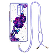 Funda Silicona Gel Goma Patron de Moda Carcasa con Acollador Cordon Lanyard Y01X para Xiaomi Redmi 9 Prime India Morado