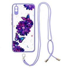 Funda Silicona Gel Goma Patron de Moda Carcasa con Acollador Cordon Lanyard Y01X para Xiaomi Redmi 9A Morado