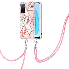 Funda Silicona Gel Goma Patron de Moda Carcasa con Acollador Cordon Lanyard Y02B para Oppo A55 5G Rosa