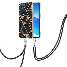 Funda Silicona Gel Goma Patron de Moda Carcasa con Acollador Cordon Lanyard Y02B para Oppo Reno6 5G Negro