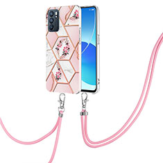 Funda Silicona Gel Goma Patron de Moda Carcasa con Acollador Cordon Lanyard Y02B para Oppo Reno6 5G Rosa