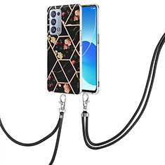 Funda Silicona Gel Goma Patron de Moda Carcasa con Acollador Cordon Lanyard Y02B para Oppo Reno6 Pro 5G Negro