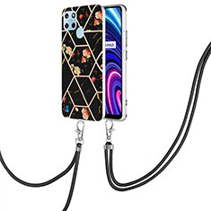 Funda Silicona Gel Goma Patron de Moda Carcasa con Acollador Cordon Lanyard Y02B para Realme C21Y Negro