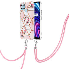 Funda Silicona Gel Goma Patron de Moda Carcasa con Acollador Cordon Lanyard Y02B para Realme C21Y Rosa