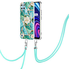 Funda Silicona Gel Goma Patron de Moda Carcasa con Acollador Cordon Lanyard Y02B para Realme C21Y Verde