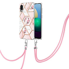 Funda Silicona Gel Goma Patron de Moda Carcasa con Acollador Cordon Lanyard Y02B para Samsung Galaxy A02 Rosa