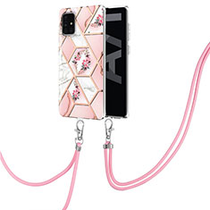 Funda Silicona Gel Goma Patron de Moda Carcasa con Acollador Cordon Lanyard Y02B para Samsung Galaxy A71 4G A715 Rosa