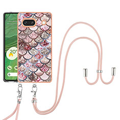 Funda Silicona Gel Goma Patron de Moda Carcasa con Acollador Cordon Lanyard Y03B para Google Pixel 7a 5G Marron