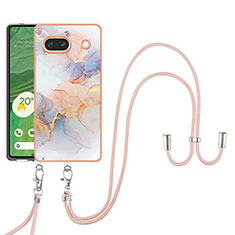 Funda Silicona Gel Goma Patron de Moda Carcasa con Acollador Cordon Lanyard Y03B para Google Pixel 7a 5G Purpura Claro