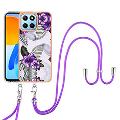 Funda Silicona Gel Goma Patron de Moda Carcasa con Acollador Cordon Lanyard Y03B para Huawei Honor 70 Lite 5G Morado