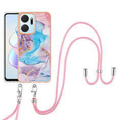 Funda Silicona Gel Goma Patron de Moda Carcasa con Acollador Cordon Lanyard Y03B para Huawei Honor X7a Azul