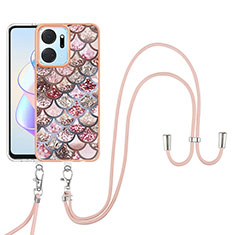 Funda Silicona Gel Goma Patron de Moda Carcasa con Acollador Cordon Lanyard Y03B para Huawei Honor X7a Marron