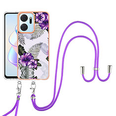 Funda Silicona Gel Goma Patron de Moda Carcasa con Acollador Cordon Lanyard Y03B para Huawei Honor X7a Morado