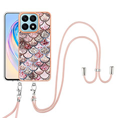 Funda Silicona Gel Goma Patron de Moda Carcasa con Acollador Cordon Lanyard Y03B para Huawei Honor X8a 4G Marron