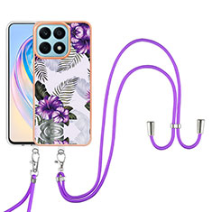 Funda Silicona Gel Goma Patron de Moda Carcasa con Acollador Cordon Lanyard Y03B para Huawei Honor X8a 4G Morado