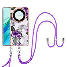 Funda Silicona Gel Goma Patron de Moda Carcasa con Acollador Cordon Lanyard Y03B para Huawei Honor X9a 5G Morado