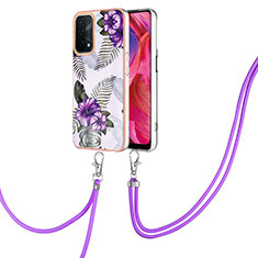 Funda Silicona Gel Goma Patron de Moda Carcasa con Acollador Cordon Lanyard Y03B para Oppo A74 5G Morado