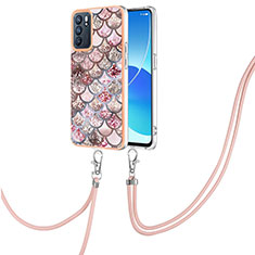 Funda Silicona Gel Goma Patron de Moda Carcasa con Acollador Cordon Lanyard Y03B para Oppo Reno6 5G Marron