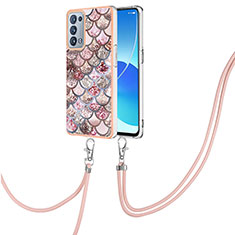 Funda Silicona Gel Goma Patron de Moda Carcasa con Acollador Cordon Lanyard Y03B para Oppo Reno6 Pro 5G Marron